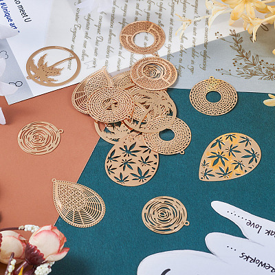 24Pcs 6 Style Rack Plating Brass Filigree Pendants KKC-TA0001-01-1