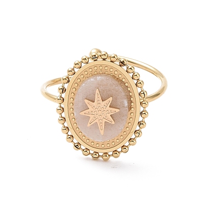 Ion Plating(IP) Natural Gemstone Oval with Star Open Cuff Ring RJEW-G265-06G-1