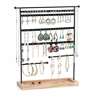 Iron Jewelry Display Stand with Wood Tray AJEW-Z032-01A-1