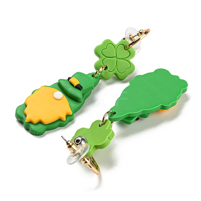 Saint Patrick's Day Polymer Clay Clover Dangle Stud Earrings EJEW-Q784-01G-01-1