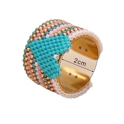 Adjustable Bohemian Style 304 Stainless Steel and Glass Seed Beads Cuff Rings FS-WG09053-01-1