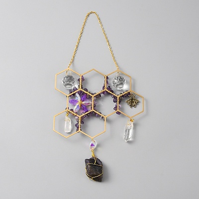 Nuggets Natural Amethyst & Glass Window Hanging Decoration AJEW-WH0413-18A-1