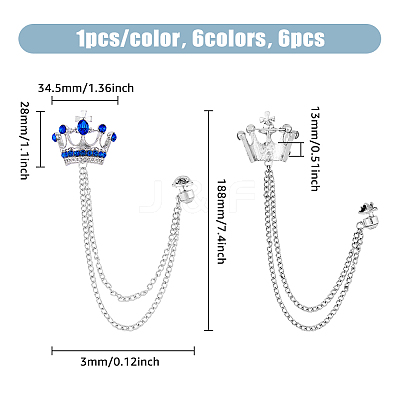 6Pcs 6 Colors Rhinestone Crown Hanging Chain Brooches JEWB-HY0001-30-1