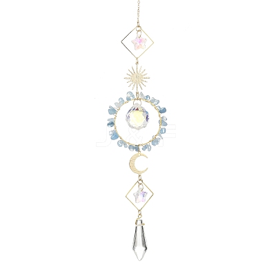Sun Moon Ring Brass & Natural Aquamarine Chip Suncatcher HJEW-JM05027-01-1