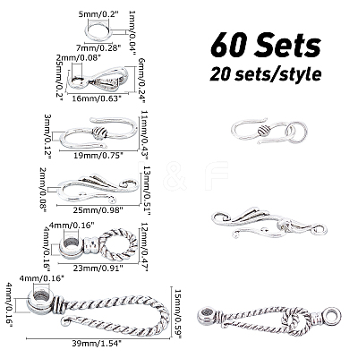 60 Sets 3 Style Tibetan Style Alloy Hook and Eye Clasps PALLOY-AR0001-21-1