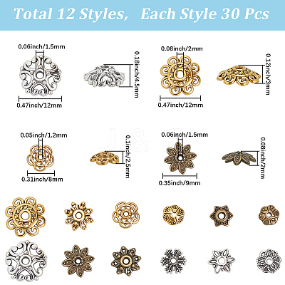 360Pcs 12 Styles Tibetan Style Alloy Bead Caps TIBE-SC0002-37-1