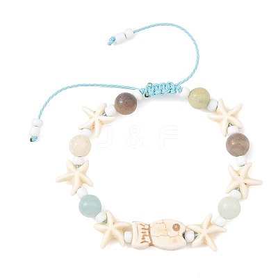 Ocean Synthetic Turquoise Fish Starfish and Natural Flower Amazonite Round Braided Bead Bracelets BJEW-JB14477-1