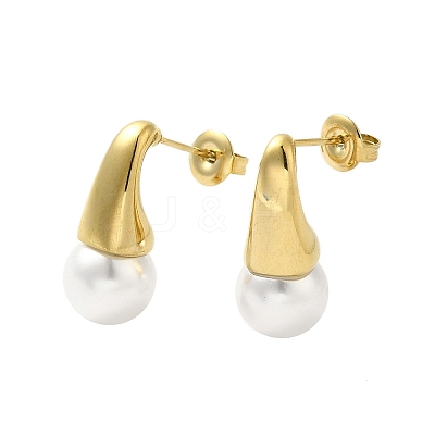 304 Stainless Steel Shell Pearl Round Stud Earrings for Women EJEW-U020-27G-1
