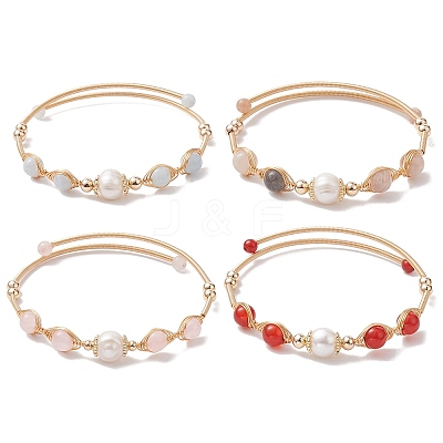 Natural Mixed Stone Round Beaded Cuff Bangle BJEW-JB10113-1