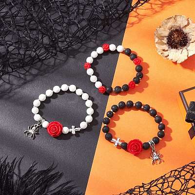 3Pcs Halloween Theme Natural & Synthetic Lava Rock Round Beads Stretch Bracelets BJEW-MZ00185-1