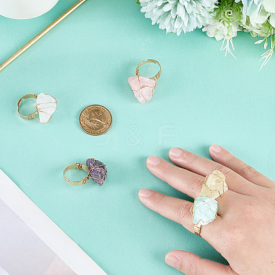 5Pcs 5 Styles Natural Yellow Quartz & Fluorite & Rose Quartz & Amethyst & Quartz Crystal Adjustable Finger Rings RJEW-FG0001-02-1