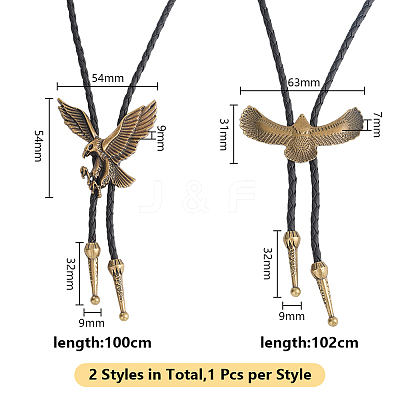 2Pcs 2 Styles Alloy Eagle Pendant Bolo Tie Necklaces NJEW-HY0001-16-1