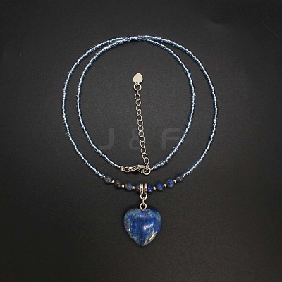 Natural Gemstone Heart Pendant Colorful Glass Seed Beads Beaded Necklaces for Women VA8487-6-1