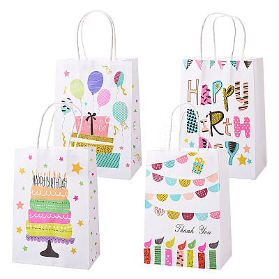 8Pcs 4 Styles Birthday Rectangle Paper Gift Bags with Rope Handles ABAG-TA0001-70-1