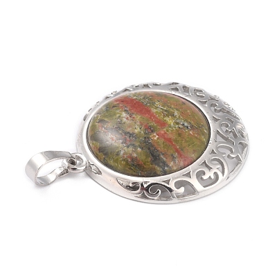 Natural Unakite Pendants with Hollow Platinum Brass Findings G-P448-A09-P-1