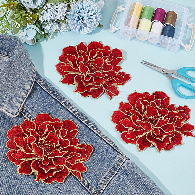 4Pcs Peony Polyester Embroidery Sew On Patches PATC-CY0001-72B-1