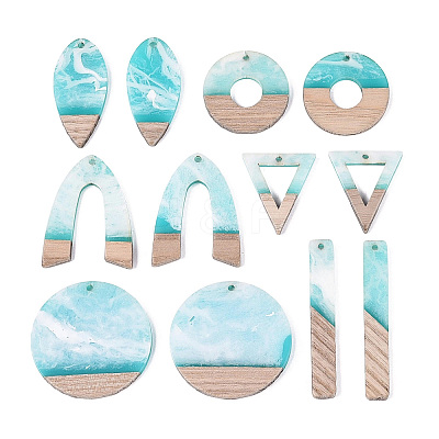 12Pcs 6 Styles Opaque Resin & Ash Wood Pendants RESI-N053-12-1