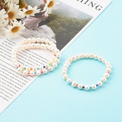 3Pcs 3 Styles Natural Cultured Freshwater Pearl Stretch Beaded Bracelets Sets BJEW-JB06266-1