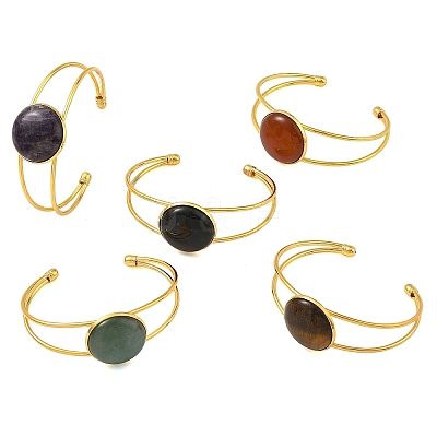 Natural Mixed Gemstone Flat Round Brass Hollow Cuff Bangles for Women BJEW-JB14330-02-1