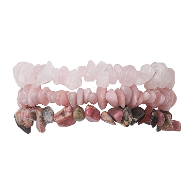 3Pcs Natural Rose Quartz & Natural Rhodonite & Natural Pink Opal Chip Beaded Stretch Bracelet Sets BJEW-JB10858-1