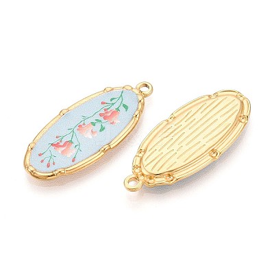 Printed Style 304 Stainless Steel Oval with Flower Pattern Pendants STAS-T071-27D-G-1