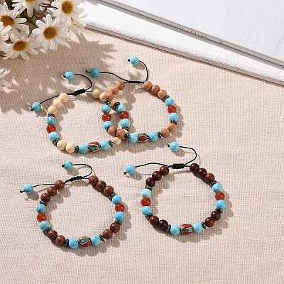 Wooden Braided Bead Bracelets Sets BJEW-JB09066-1