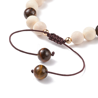 Natural Wood & Imperial Jasper(Dyed) & Tiger Eye Braided Beaded Bracelet BJEW-JB08210-1