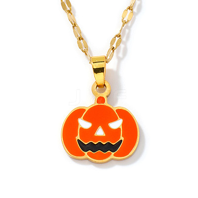 304 Stainless Steel Enamel Halloween Pumpkin Pendant Dapped Chain Necklaces BZ8585-1