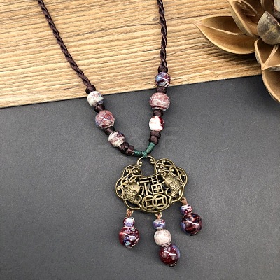 Ethnic Style Longevity Lock Alloy & Porcelain Tassel Pendant Long Necklaces for Women FS-WGC9E4C-06-1
