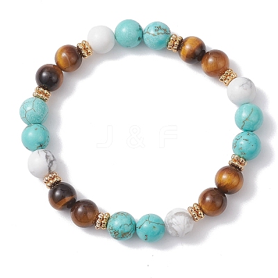 Natural Tiger Eye & Synthetic Turquoise Round Beads Stretch Bracelets for Women BJEW-TA00698-1