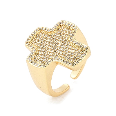Brass Micro Pave Clear Cubic Zirconia Open Cuff Rings for Women RJEW-R011-03G-01-1