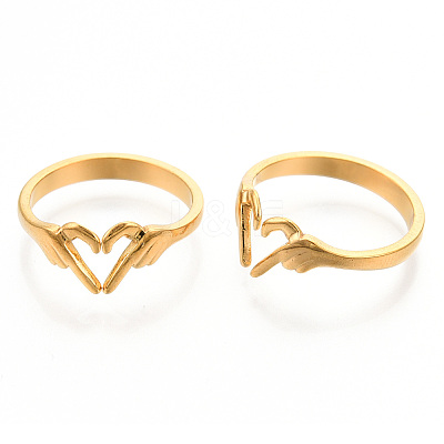Ion Plating(IP) 304 Stainless Steel Hand Heart Cuff Rings X-RJEW-N038-121LG-1