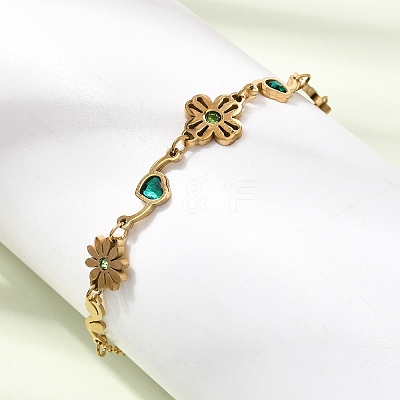304 Stainless Steel Rhinestone Flower with Heart Link Chain Bracelets SA-CBAF6AD-16G-1