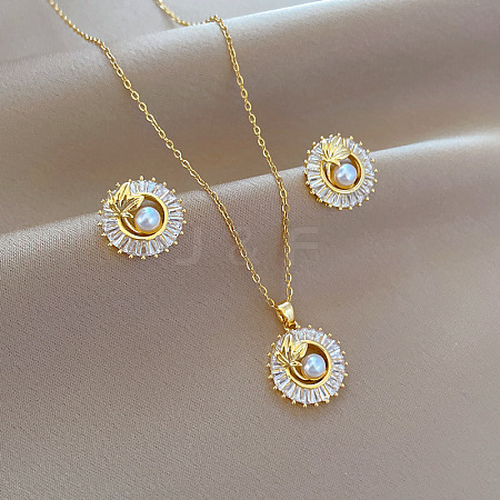 Brass Micro Pave Cubic Zirconia with Plastic Pearl Pendant Necklace & Stud Earrings WG7AC39-72-1