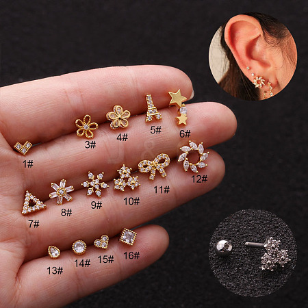 316L Surgical Stainless Steel Micro Pave Clear Cubic Zirconia Snowflake Cartilage Earrings WGCF17E-16-1