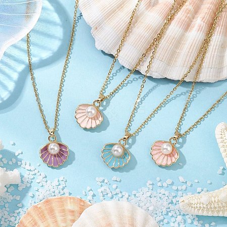 Alloy Enamel & ABS Plastic Imitation Pearl Shell Shape Pendant Necklaces NJEW-JN05173-1