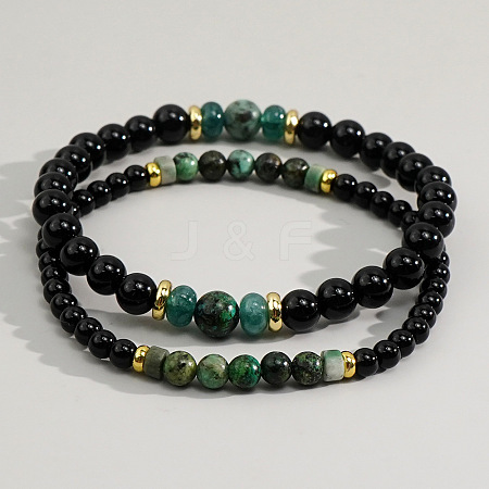 2Pcs Black Stone Beaded Stretch Bracelet Sets for Men CX6639-4-1