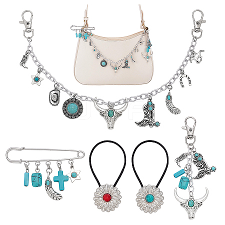 Cowboy Theme Alloy & Synthetic Turquoise & Aluminum Cable Chains Jewelry Sets HJEW-PH02504-1