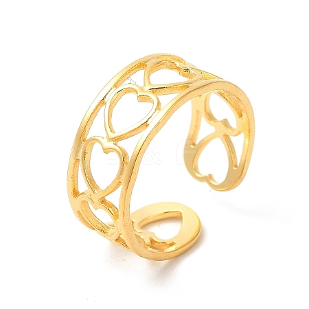 Ion Plating(IP) 304 Stainless Steel Hollow Out Heart Open Cuff Ring for Women RJEW-E063-19G-1