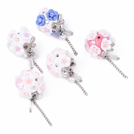 5Pcs Luminous Glow in the Dark Polymer Clay Pave Rhinestone Round Beads with Resin Flower CLAY-YW0002-48-1