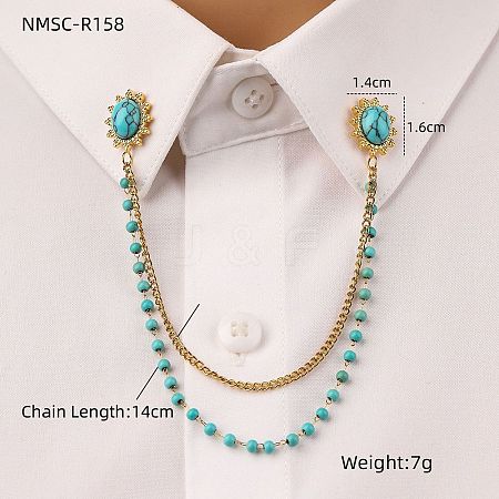 304 Stainless Steel Pave Dyed Synthetic Turquoise Hanging Chain Brooch JEWB-S021-04G-02-1