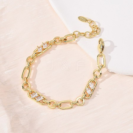 Ring & Paperclip Brass Micro Pave Cubic Zirconia Link Chain Bracelets for Women BJEW-D458-03G-02-1