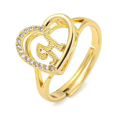 Heart with Letter Rack Plating Brass Micro Pave Cubic Zirconia Adjustable Rings for Women RJEW-I105-06G-H-1