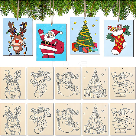 10Pcs Christmas Unfinished Blank Wood Pendants Set for Painting Arts WOOD-SP0001-79C-1