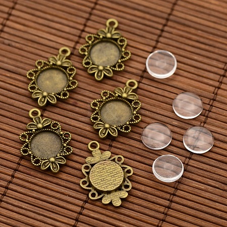 Vintage Tibetan Style Alloy Flower Pendant Cabochon Bezel Settings and Transparent Flat Round Glass Cabochons DIY-X0231-AB-NF-1