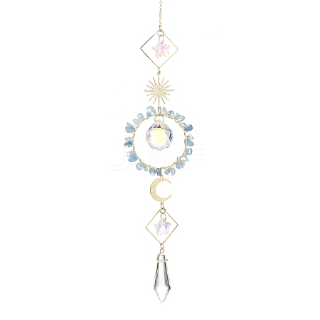 Sun Moon Ring Brass & Natural Aquamarine Chip Suncatcher HJEW-JM05027-01-1