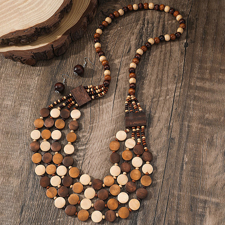 Bohemian Ethnic Style Wood Beaded Multilayer Necklaces & Dangle Earrings Sets WG82ABA-01-1