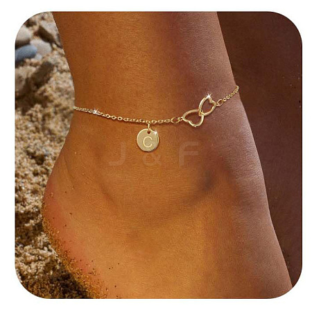 Brass Double Heart Link Flat Round Initial Charm Anklets for Women FS-WGA84B7-06-1