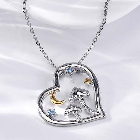 Brass Blue Cubic Zirconia Mushroom Heart Pendant Necklaces for Women NJEW-C067-01P-1