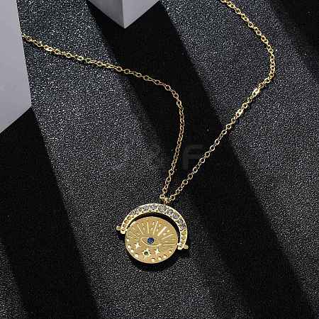 304 Stainless Steel Crystal Rhinestone Coin Evil Eye Pendant Necklaces for Women NJEW-U032-04G-1